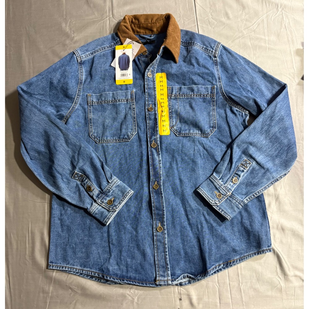 Frye Mens Barn Shacket Denim Jacket Medium Wash Corduroy Collar Blue M 110043392